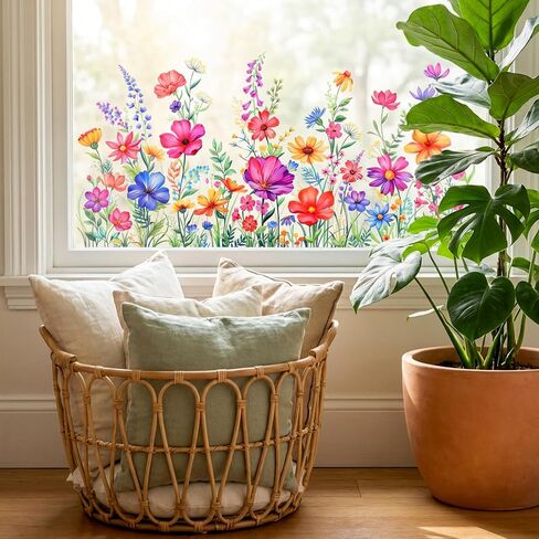 Wildflower Window Clings, Double Sided Flower Window Sticker Floral Windows Clings Wildflower Windows Film Wildflowers Grass Decals for Home Office Door Mirror Decor in Kuwait