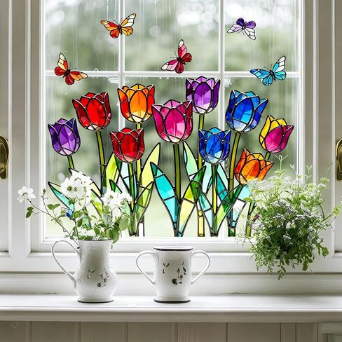 ملصق نافذة ملتصق ثابت مع زهرة التيوليب والفراشة الملونة، ملصق زجاجي ثابت على الوجهين لديكور المنزل، ملصق ديكور انكسار ضوء الشمس للمطبخ وغرفة النوم in Kuwait