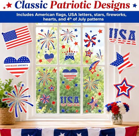 9 Sheets 4th of July Window Clings, Patriotic Static Window Stickers Decorations, Patriotic American Flag Stickers for Glass Windows Decoration for Independence Day School Home Office in Saudi Arabia