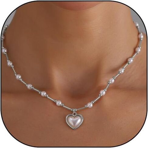 Dainty Gold Pearls Heart Collarbone Necklaces for Women,Vintage Pearl Beaded Link Chain Necklace,Trendy Valentine's Day Jewelry Accessories Gifts in Kuwait