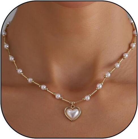 Dainty Gold Pearls Heart Collarbone Necklaces for Women,Vintage Pearl Beaded Link Chain Necklace,Trendy Valentine's Day Jewelry Accessories Gifts in Kuwait
