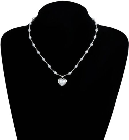 Dainty Gold Pearls Heart Collarbone Necklaces for Women,Vintage Pearl Beaded Link Chain Necklace,Trendy Valentine's Day Jewelry Accessories Gifts in Kuwait