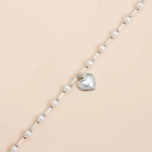 Dainty Gold Pearls Heart Collarbone Necklaces for Women,Vintage Pearl Beaded Link Chain Necklace,Trendy Valentine's Day Jewelry Accessories Gifts in Kuwait
