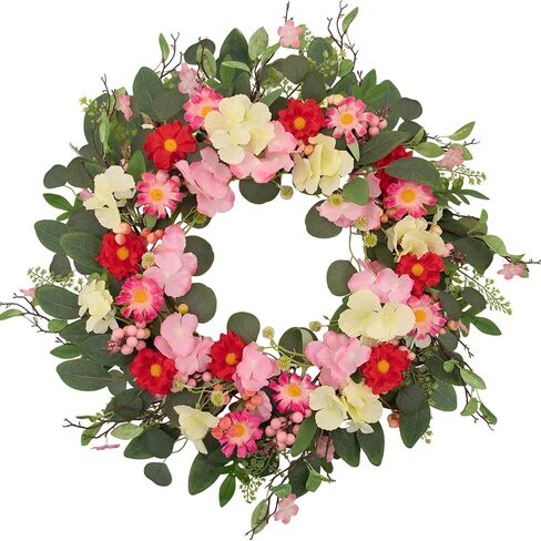 24 Inch Spring Summer Wreaths for Front Door, Artificial Eucalyptus Wreath with Pink Red Flowers, Farmhouse Rustic Door Wreath for Wall Window Porch Home Decor, Mother's Day All Season Decor in Saudi Arabia