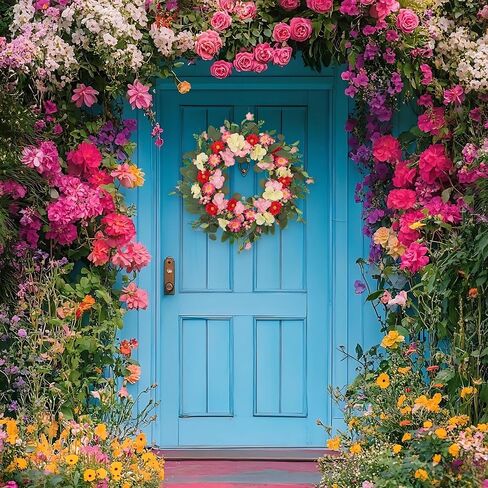 24 Inch Spring Summer Wreaths for Front Door, Artificial Eucalyptus Wreath with Pink Red Flowers, Farmhouse Rustic Door Wreath for Wall Window Porch Home Decor, Mother's Day All Season Decor in Saudi Arabia