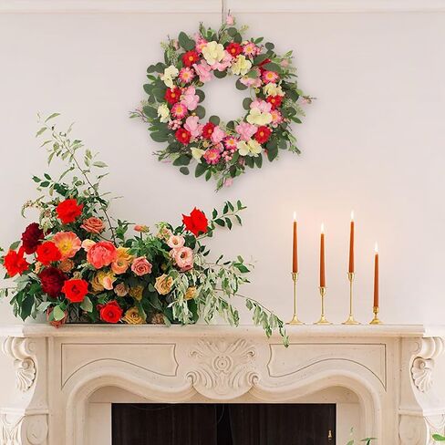 24 Inch Spring Summer Wreaths for Front Door, Artificial Eucalyptus Wreath with Pink Red Flowers, Farmhouse Rustic Door Wreath for Wall Window Porch Home Decor, Mother's Day All Season Decor in Saudi Arabia