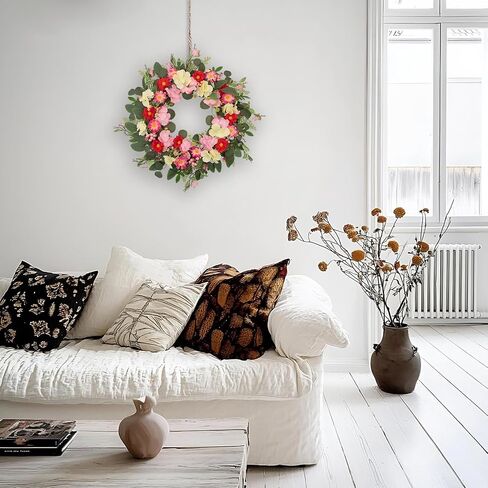 24 Inch Spring Summer Wreaths for Front Door, Artificial Eucalyptus Wreath with Pink Red Flowers, Farmhouse Rustic Door Wreath for Wall Window Porch Home Decor, Mother's Day All Season Decor in Saudi Arabia