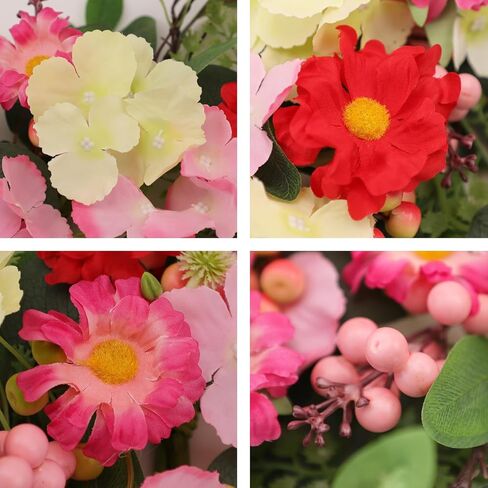 24 Inch Spring Summer Wreaths for Front Door, Artificial Eucalyptus Wreath with Pink Red Flowers, Farmhouse Rustic Door Wreath for Wall Window Porch Home Decor, Mother's Day All Season Decor in Saudi Arabia