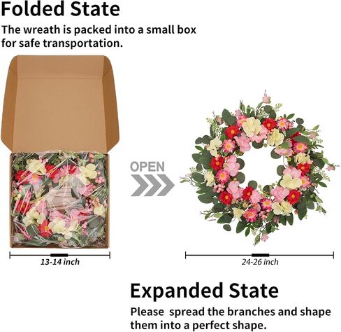24 Inch Spring Summer Wreaths for Front Door, Artificial Eucalyptus Wreath with Pink Red Flowers, Farmhouse Rustic Door Wreath for Wall Window Porch Home Decor, Mother's Day All Season Decor in Saudi Arabia