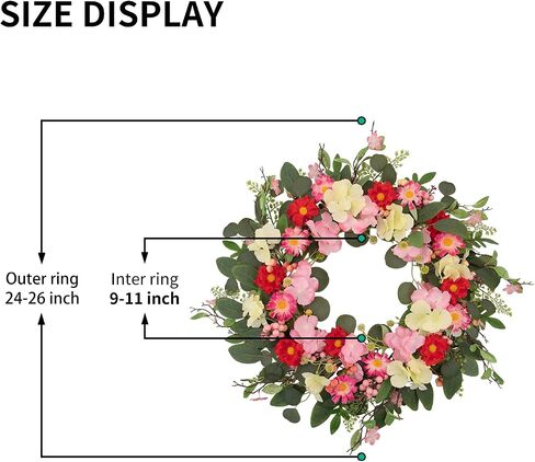 24 Inch Spring Summer Wreaths for Front Door, Artificial Eucalyptus Wreath with Pink Red Flowers, Farmhouse Rustic Door Wreath for Wall Window Porch Home Decor, Mother's Day All Season Decor in Saudi Arabia