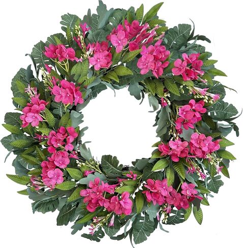24 Inch Pink Hydrangea Wreaths for Front Door, Spring Summer Artificial Floral Wreaths with Pink Wildflowers, Green Olive Leaves Large Foliage, Farmhouse Rustic Decor for Porch, Wall, Garden in Saudi Arabia