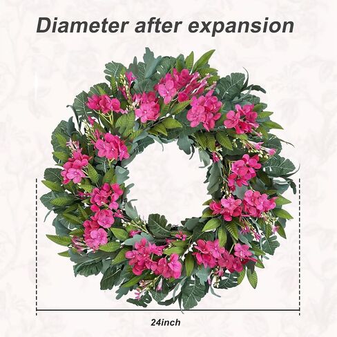 24 Inch Pink Hydrangea Wreaths for Front Door, Spring Summer Artificial Floral Wreaths with Pink Wildflowers, Green Olive Leaves Large Foliage, Farmhouse Rustic Decor for Porch, Wall, Garden in Saudi Arabia