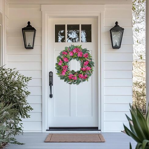 24 Inch Pink Hydrangea Wreaths for Front Door, Spring Summer Artificial Floral Wreaths with Pink Wildflowers, Green Olive Leaves Large Foliage, Farmhouse Rustic Decor for Porch, Wall, Garden in Saudi Arabia