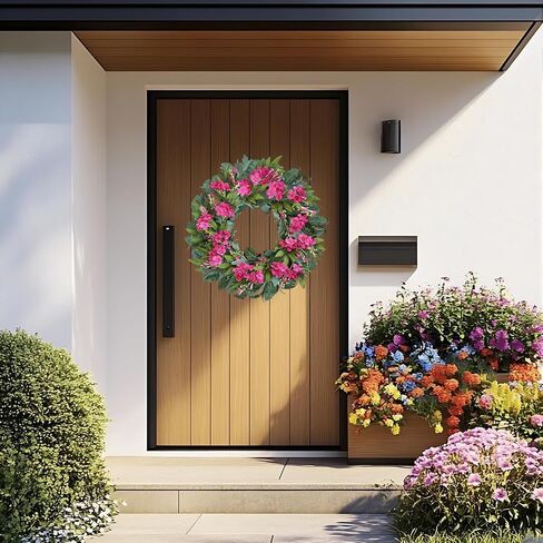 24 Inch Pink Hydrangea Wreaths for Front Door, Spring Summer Artificial Floral Wreaths with Pink Wildflowers, Green Olive Leaves Large Foliage, Farmhouse Rustic Decor for Porch, Wall, Garden in Saudi Arabia