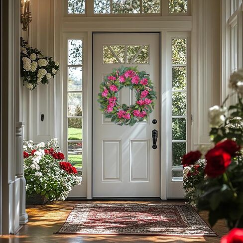 24 Inch Pink Hydrangea Wreaths for Front Door, Spring Summer Artificial Floral Wreaths with Pink Wildflowers, Green Olive Leaves Large Foliage, Farmhouse Rustic Decor for Porch, Wall, Garden in Saudi Arabia