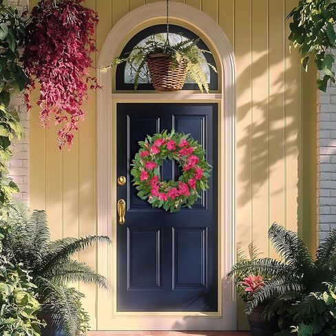 24 Inch Pink Hydrangea Wreaths for Front Door, Spring Summer Artificial Floral Wreaths with Pink Wildflowers, Green Olive Leaves Large Foliage, Farmhouse Rustic Decor for Porch, Wall, Garden in Saudi Arabia