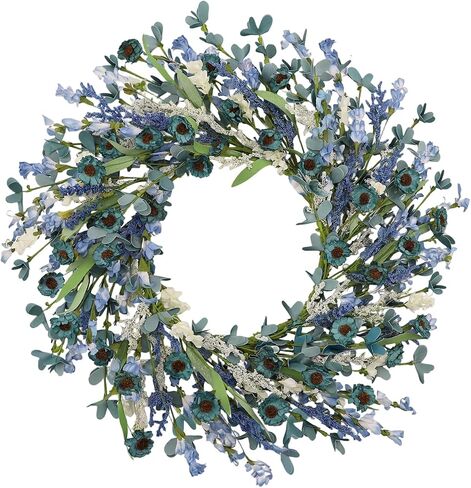 24 Inch Blue Floral Wreath for Front Door, Artificial Eucalyptus Wreath with Blue Daisy and White Wildflowers, Spring Summer Wreath for Farmhouse Home Wall Wedding Decor, All Seasons in Kuwait