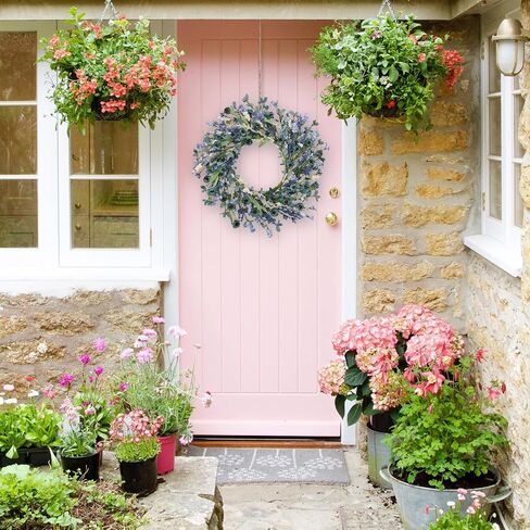24 Inch Blue Floral Wreath for Front Door, Artificial Eucalyptus Wreath with Blue Daisy and White Wildflowers, Spring Summer Wreath for Farmhouse Home Wall Wedding Decor, All Seasons in Kuwait