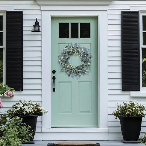24 Inch Blue Floral Wreath for Front Door, Artificial Eucalyptus Wreath with Blue Daisy and White Wildflowers, Spring Summer Wreath for Farmhouse Home Wall Wedding Decor, All Seasons in Kuwait