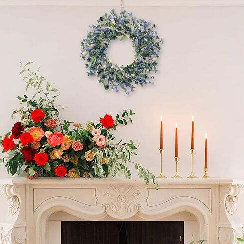 24 Inch Blue Floral Wreath for Front Door, Artificial Eucalyptus Wreath with Blue Daisy and White Wildflowers, Spring Summer Wreath for Farmhouse Home Wall Wedding Decor, All Seasons in Kuwait