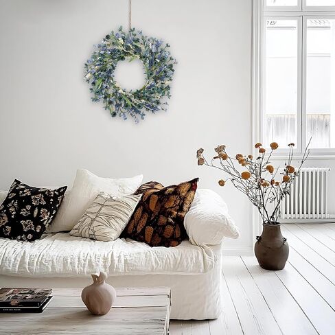 24 Inch Blue Floral Wreath for Front Door, Artificial Eucalyptus Wreath with Blue Daisy and White Wildflowers, Spring Summer Wreath for Farmhouse Home Wall Wedding Decor, All Seasons in Kuwait