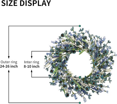 24 Inch Blue Floral Wreath for Front Door, Artificial Eucalyptus Wreath with Blue Daisy and White Wildflowers, Spring Summer Wreath for Farmhouse Home Wall Wedding Decor, All Seasons in Kuwait