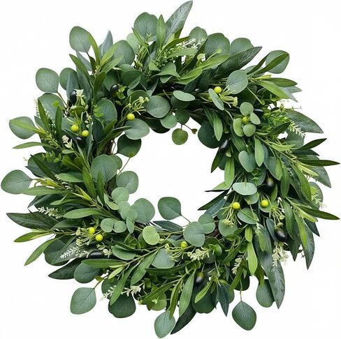 24" Farmhouse Olive Wreath – Extra Full Faux Olive, Eucalyptus & Willow Greenery, Realistic All-Season Wreath for Front Door, Mantel, Wall, Wedding & Indoor/Outdoor Décor in Saudi Arabia