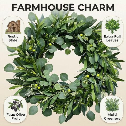 24" Farmhouse Olive Wreath – Extra Full Faux Olive, Eucalyptus & Willow Greenery, Realistic All-Season Wreath for Front Door, Mantel, Wall, Wedding & Indoor/Outdoor Décor in Saudi Arabia