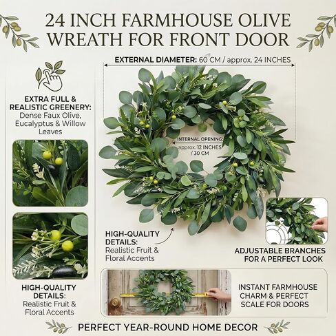 24" Farmhouse Olive Wreath – Extra Full Faux Olive, Eucalyptus & Willow Greenery, Realistic All-Season Wreath for Front Door, Mantel, Wall, Wedding & Indoor/Outdoor Décor in Saudi Arabia