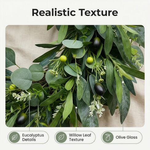 24" Farmhouse Olive Wreath – Extra Full Faux Olive, Eucalyptus & Willow Greenery, Realistic All-Season Wreath for Front Door, Mantel, Wall, Wedding & Indoor/Outdoor Décor in Saudi Arabia