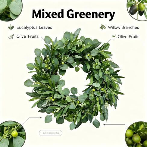 24" Farmhouse Olive Wreath – Extra Full Faux Olive, Eucalyptus & Willow Greenery, Realistic All-Season Wreath for Front Door, Mantel, Wall, Wedding & Indoor/Outdoor Décor in Saudi Arabia