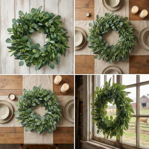 24" Farmhouse Olive Wreath – Extra Full Faux Olive, Eucalyptus & Willow Greenery, Realistic All-Season Wreath for Front Door, Mantel, Wall, Wedding & Indoor/Outdoor Décor in Saudi Arabia
