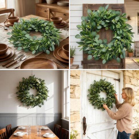 24" Farmhouse Olive Wreath – Extra Full Faux Olive, Eucalyptus & Willow Greenery, Realistic All-Season Wreath for Front Door, Mantel, Wall, Wedding & Indoor/Outdoor Décor in Saudi Arabia
