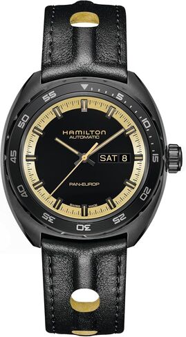 Hamilton American Classic Pan Europ Day Date Automatic Watch, 42mm Stainless Steel Case, Swiss Made, Black Dial Analog Wrist Watch, 50m Waterproof, Sapphire Crystal, Cow Leather Strap in Kuwait