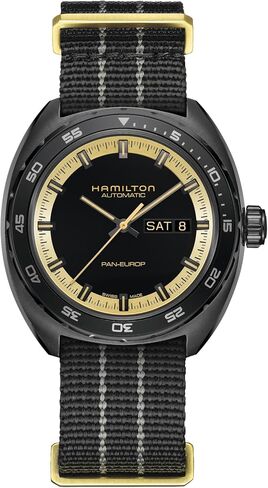 Hamilton American Classic Pan Europ Day Date Automatic Watch, 42mm Stainless Steel Case, Swiss Made, Black Dial Analog Wrist Watch, 50m Waterproof, Sapphire Crystal, Cow Leather Strap in Kuwait