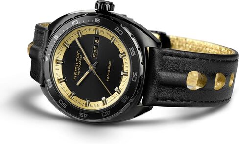 Hamilton American Classic Pan Europ Day Date Automatic Watch, 42mm Stainless Steel Case, Swiss Made, Black Dial Analog Wrist Watch, 50m Waterproof, Sapphire Crystal, Cow Leather Strap in Kuwait