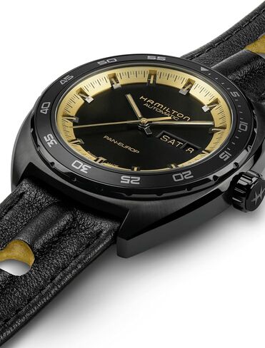 Hamilton American Classic Pan Europ Day Date Automatic Watch, 42mm Stainless Steel Case, Swiss Made, Black Dial Analog Wrist Watch, 50m Waterproof, Sapphire Crystal, Cow Leather Strap in Kuwait