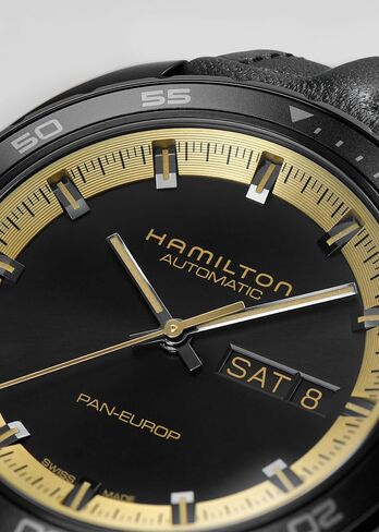 Hamilton American Classic Pan Europ Day Date Automatic Watch, 42mm Stainless Steel Case, Swiss Made, Black Dial Analog Wrist Watch, 50m Waterproof, Sapphire Crystal, Cow Leather Strap in Kuwait