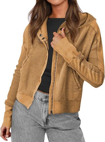 Nantdog Womens Waffle Knit Zip Up Hoodies Long Sleeve Cropped Shirt Jacket Y2k Casual Jacket To in Saudi Arabia