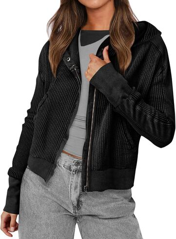 Nantdog Womens Waffle Knit Zip Up Hoodies Long Sleeve Cropped Shirt Jacket Y2k Casual Jacket To in Saudi Arabia