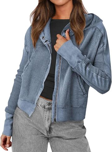Nantdog Womens Waffle Knit Zip Up Hoodies Long Sleeve Cropped Shirt Jacket Y2k Casual Jacket To in Saudi Arabia