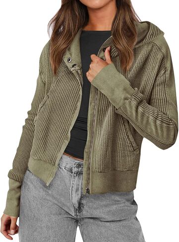 Nantdog Womens Waffle Knit Zip Up Hoodies Long Sleeve Cropped Shirt Jacket Y2k Casual Jacket To in Saudi Arabia