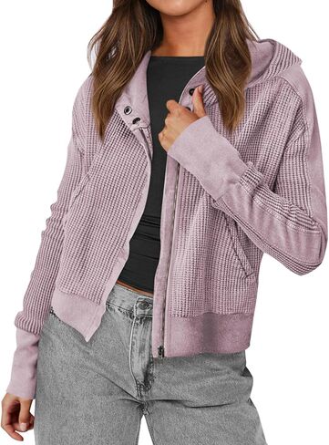 Nantdog Womens Waffle Knit Zip Up Hoodies Long Sleeve Cropped Shirt Jacket Y2k Casual Jacket To in Saudi Arabia
