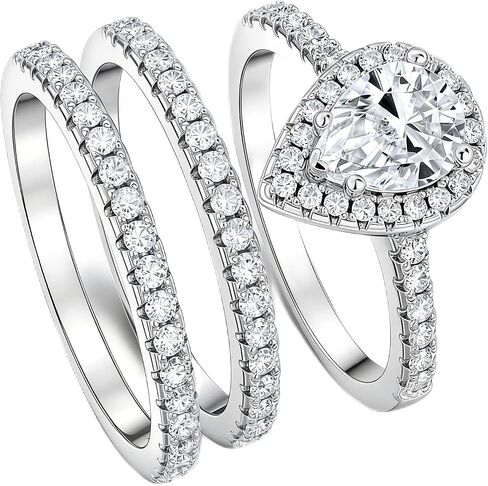 Women 2ct Pear Moissanite 3-Piece Bridal Set Silver Plated Ring | 18k White Gold Plated,Lab Created Brilliant D Color Vvs1,3-Piece Engagement & Wedding Band Set Smooth Polished Inner, Sz 4-11 in Saudi Arabia