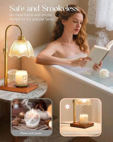 Farmhouse Candle Warmer Lamp with Timer Dimmable Adjustable Gold, Vintage Glass Wax Heated Lamp Wood Base for Large Jar Candles, Gifts for Mothers Day House Warming New Home Office Decor (Amber) in Saudi Arabia