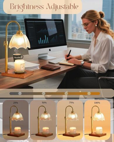 Farmhouse Candle Warmer Lamp with Timer Dimmable Adjustable Gold, Vintage Glass Wax Heated Lamp Wood Base for Large Jar Candles, Gifts for Mothers Day House Warming New Home Office Decor (Amber) in Saudi Arabia