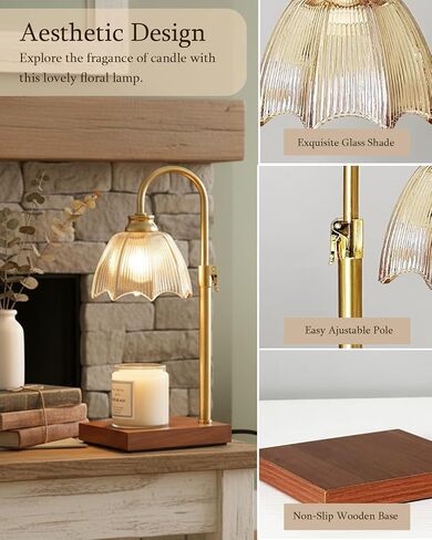 Farmhouse Candle Warmer Lamp with Timer Dimmable Adjustable Gold, Vintage Glass Wax Heated Lamp Wood Base for Large Jar Candles, Gifts for Mothers Day House Warming New Home Office Decor (Amber) in Saudi Arabia