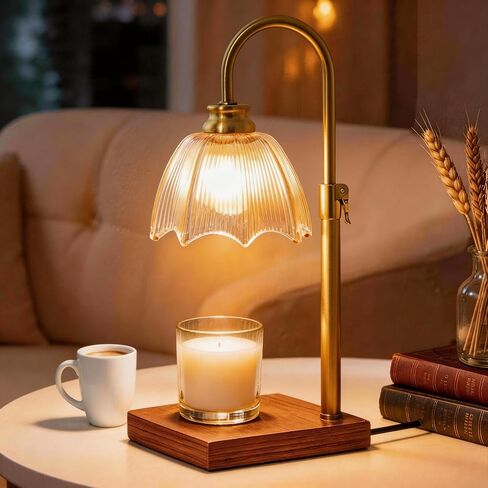 Farmhouse Candle Warmer Lamp with Timer Dimmable Adjustable Gold, Vintage Glass Wax Heated Lamp Wood Base for Large Jar Candles, Gifts for Mothers Day House Warming New Home Office Decor (Amber) in Saudi Arabia