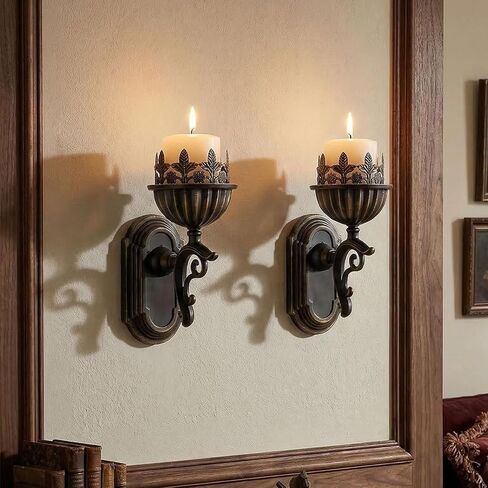 AIM & GGKK Wall Candle Holder Sconce, Set of 2 Vintage Metal Crown Design Wall Mounted Candle Holder for Pillar Candles, Antique Bronze Decorative Wall Sconce for Living Room Hallway Entryway in Saudi Arabia