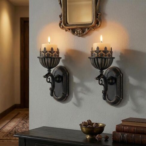 AIM & GGKK Wall Candle Holder Sconce, Set of 2 Vintage Metal Crown Design Wall Mounted Candle Holder for Pillar Candles, Antique Bronze Decorative Wall Sconce for Living Room Hallway Entryway in Saudi Arabia